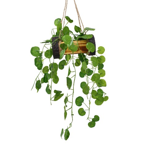 Artificial Hanging Leaves with Wood Pot